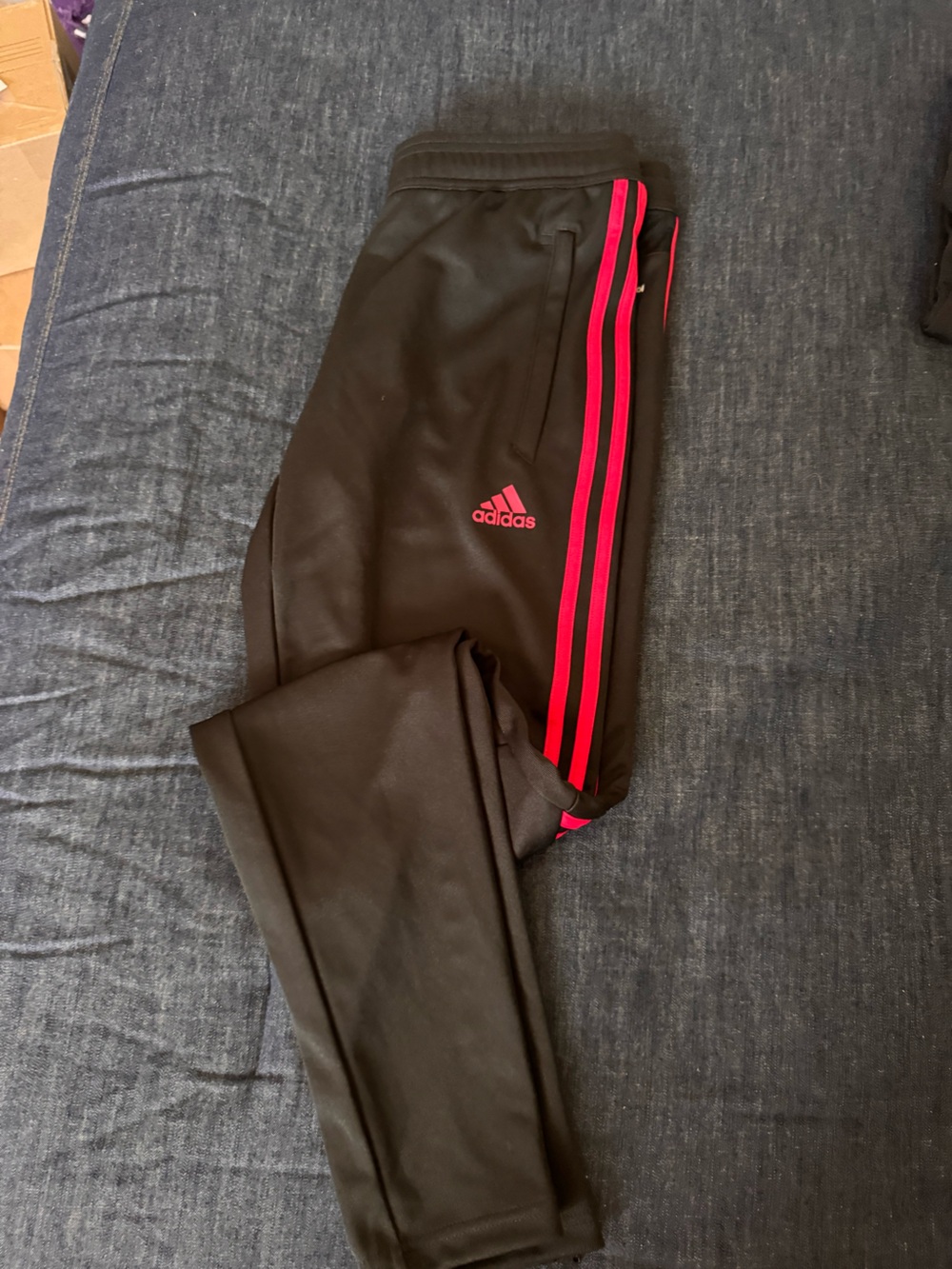 Adidas unisex Black Track Pants with Pink Stripe
